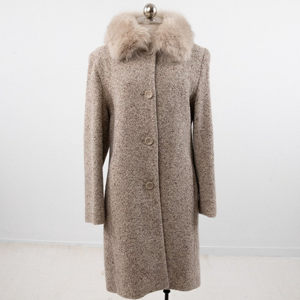 Vintage 90s M/L Fox Fur Collar Tweed Coat Tan